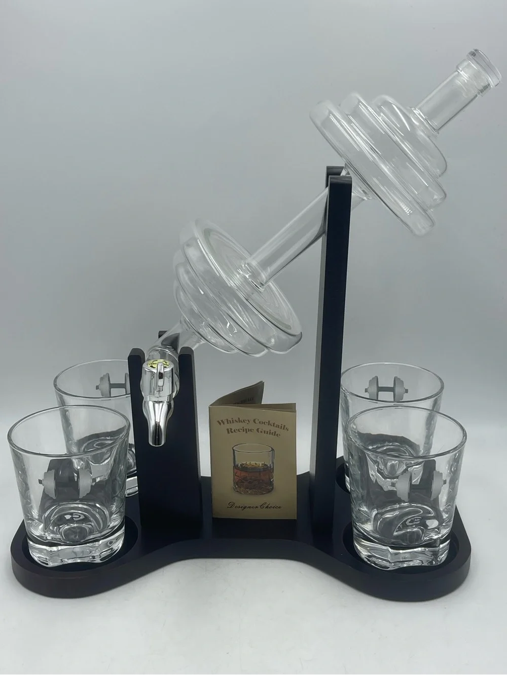 Designer Choice: Glass Dumbbell Whiskey Decanter Set w/ Display Tray & 4 Glasses